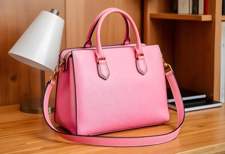 Fashionable Female Pink Bag on Wooden Desk Contemporary Style