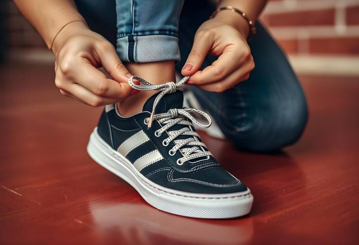 Fashionable woman tying shoelaces on trendy sneakers, closeup for style and footwear inspiration