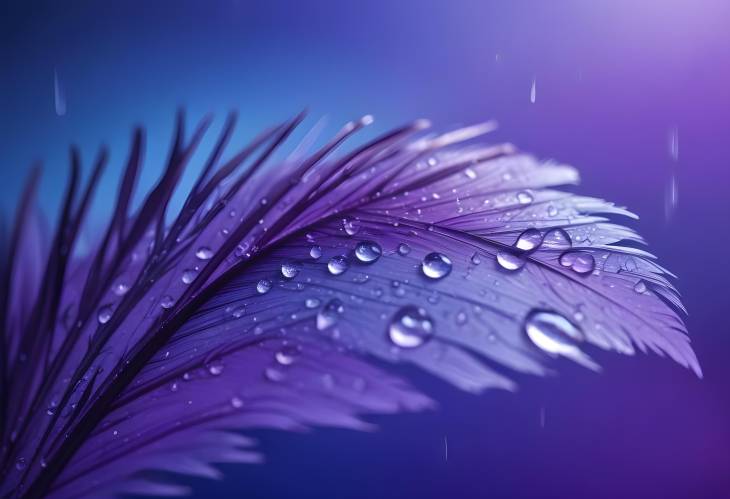 Feather Macro with Transparent Rain Drops on Blue Violet BG