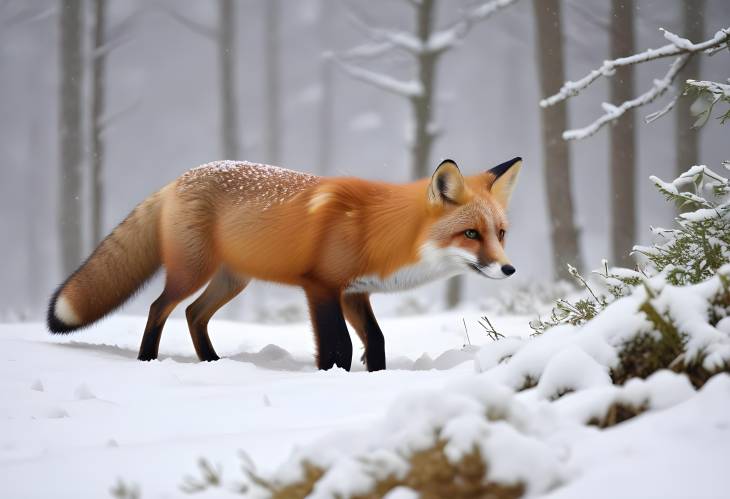 Feeding Red Fox in Deep Snow During Snowfall, Sumava National Park, Bohemian Forest, Czech Republic