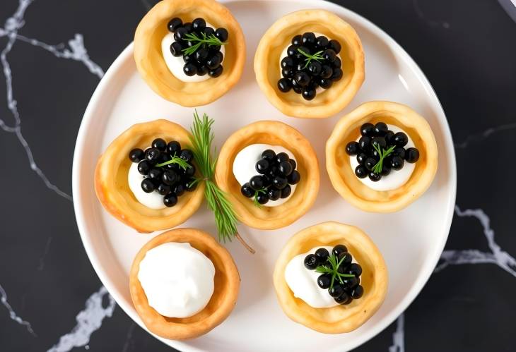 Festive Black Caviar with Mini Pancakes and Sour Cream on Dark Marble Background