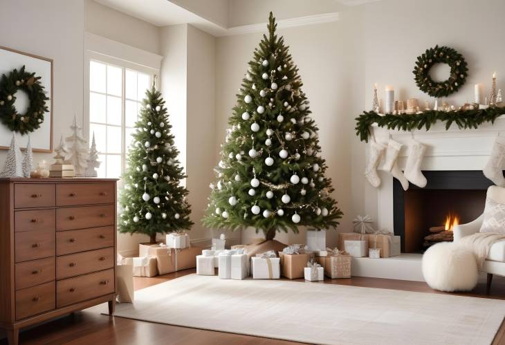 Festive Christmas Living Room with Artificial Tree, White Spheres, Stars, Garlands, and Gift Boxes 