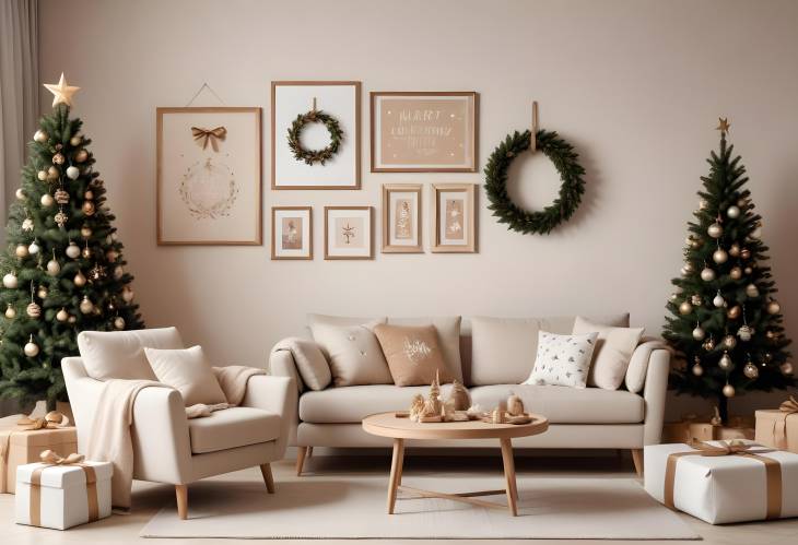 Festive Christmas Living Room with Mockup Frames, Beige Sofa, Wreath, and Design Armchair