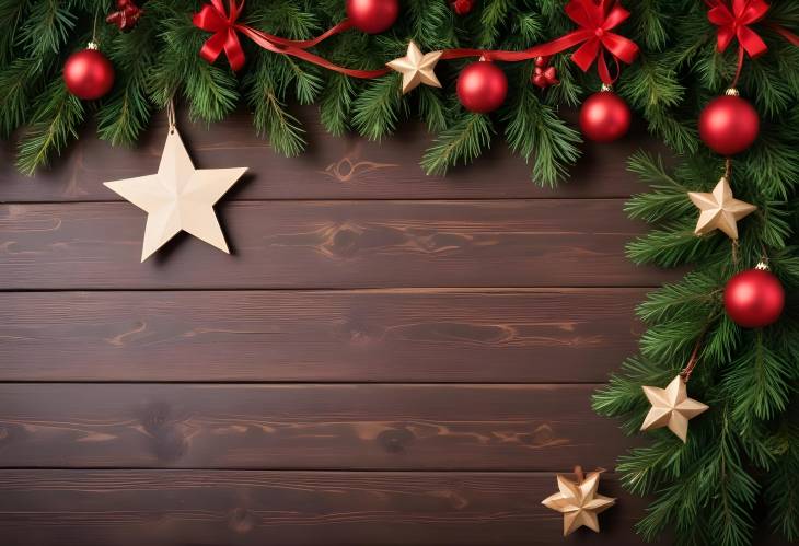 Festive New Years Background with Wooden Boards, Pine Branches, Christmas Tree Ornaments, Star