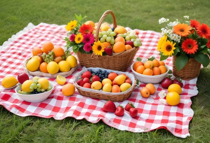 Festive Summer Picnic with Bright Fruits, Lovely Flowers, and Cheerful Outdoor Setup