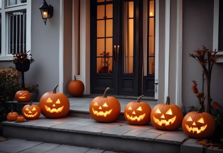 Festive Three Halloween Pumpkins on Home Terrace Perfect for Autumn Decor and Holiday Celebration