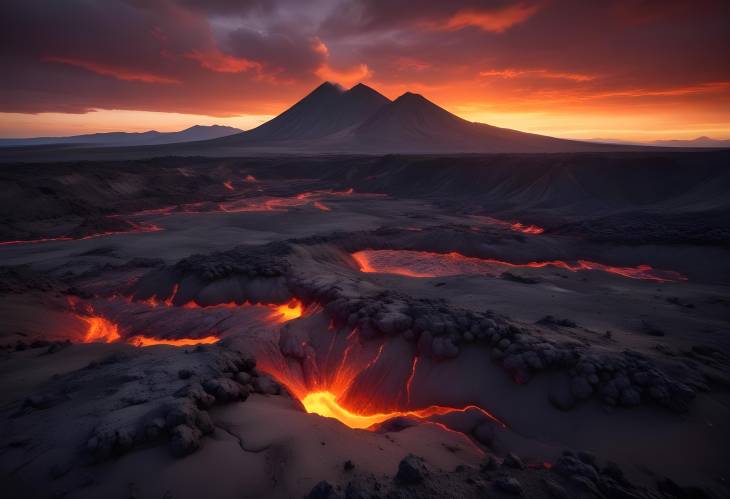 Fiery Sunset and Lava Fields in Rugged Volcanic Terrain