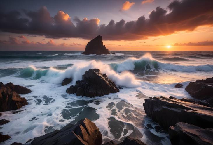 Fiery Sunset Over Ocean with Powerful Waves Crashing Against Jagged Rocks