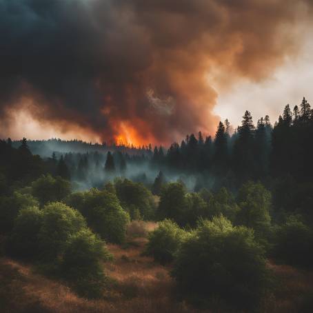 Fire Smoke Over Countryside Forest with Cloudy Evening Skies