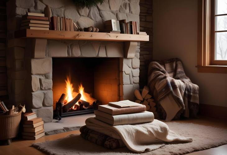 Fireside Comfort A Stack of Books and a Warm Blanket by the Cozy Fireplace