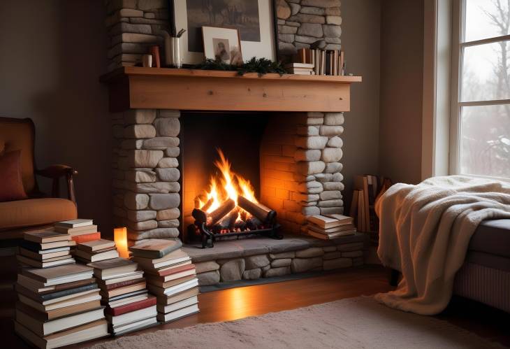 Fireside Comfort A Stack of Books and a Warm Blanket by the Cozy Fireplace