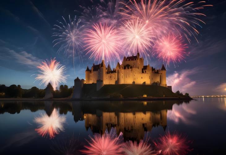 Fireworks Illuminate Historic Castle with Water Reflections at Night