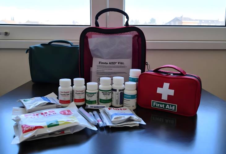 First Aid Kit and Medications on Table with Window in Background Emergency Supplies for Home Care