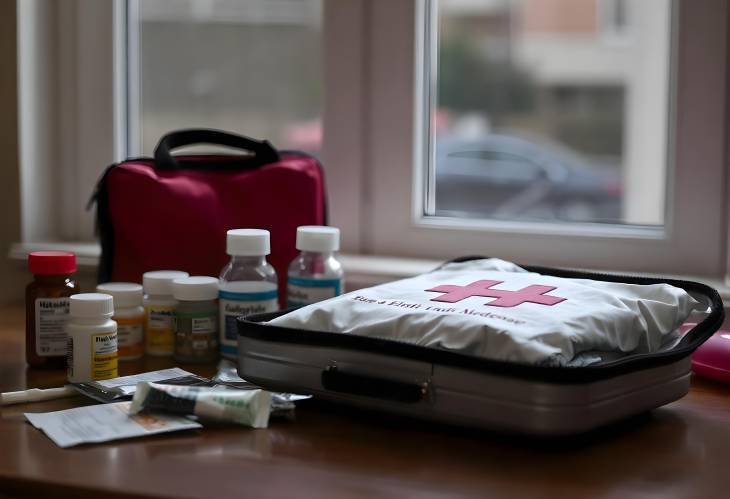 First Aid Kit and Medicines on Table with Window in Background Health Supplies for Emergency