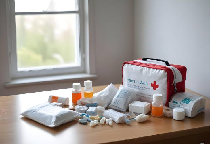 First aid Kit with Medicines on a Table by the Window, Illuminated by Soft Natural Light