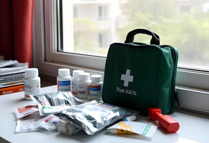 First Aid Kit with Medicines on Table Essential Health Supplies Against Window Background