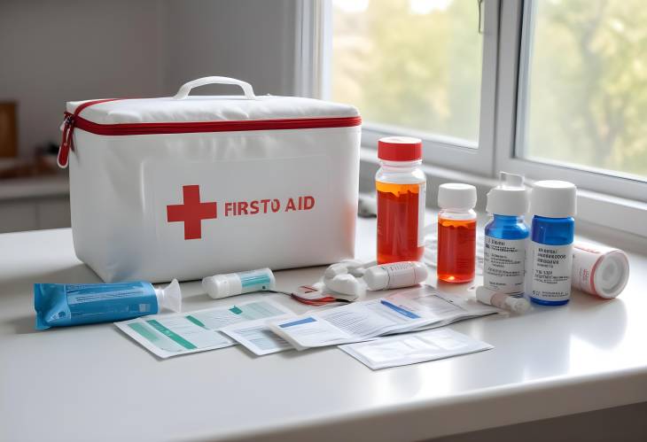 Firstaid Kit and Medicine on a Table with a Warm, Sunlit Window Scene in the Background