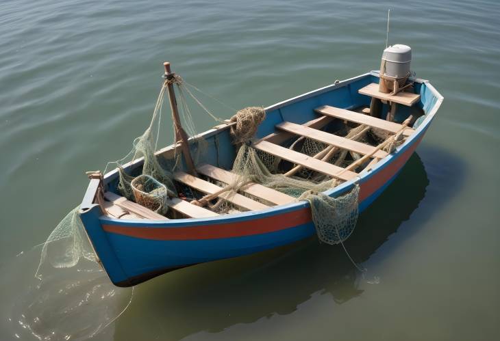 Fishing Boat with Net and Equipment Resting by the Dock