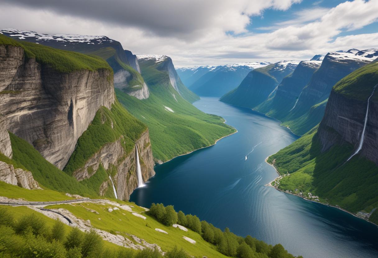 Fjord and Waterfalls Panorama Sunnylvsfjorden and Seven Sisters Near Geiranger Village, Norway