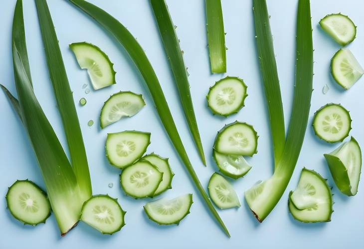 Flat Lay of Aloe Vera Branches and Slices on White Table with Light Blue Background, Front View