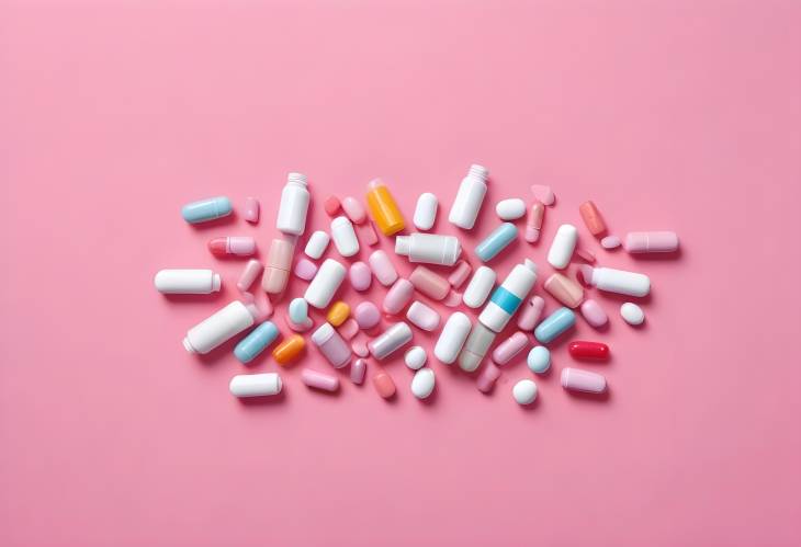 Flat Lay of Assorted Pills and Medicine Bottles on Pink Background, CloseUp of Tablets