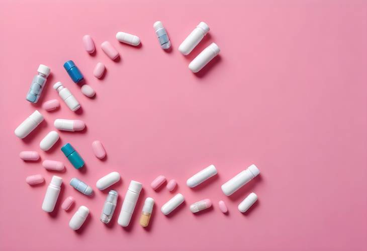 Flat Lay of Assorted Pills and Medicine Bottles on Pink Background, CloseUp of Tablets