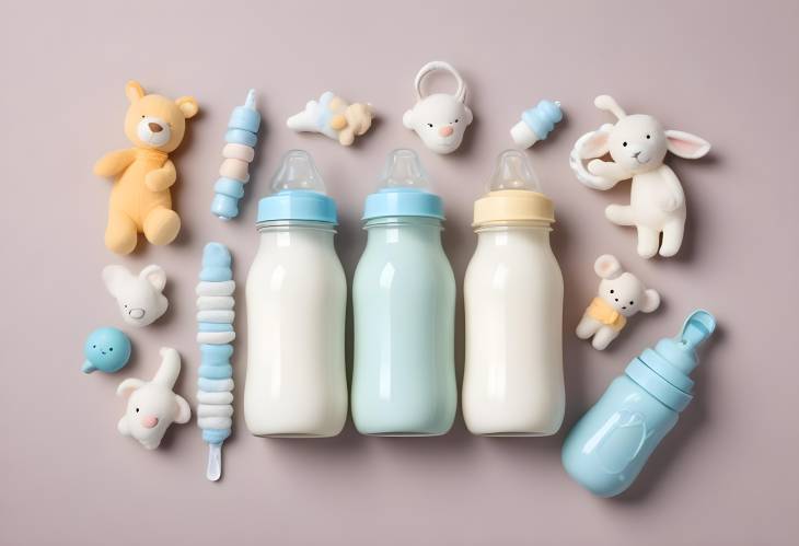 Flat Lay of Baby Sleep Products Bottles, Pacifier, Toys on White Background