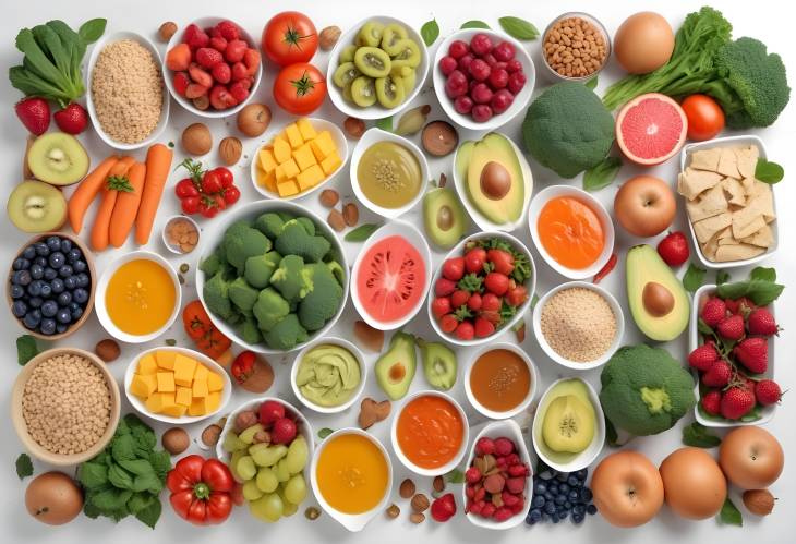 Flat Lay of Healthy Foods on White Background A Variety of Fruits, Vegetables, and Nuts