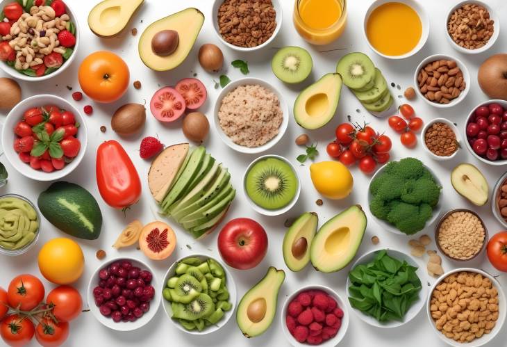 Flat Lay of Varied Healthy Foods on White Table A Mix of Fruits, Vegetables, and Nuts