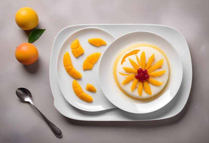 Flat Top View of Panna Cotta with Mango and Orange on White Plate