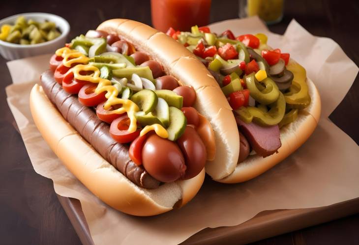 Flavorful Chicago Style Hot Dog All Beef Frank with Mustard, Relish, Onions, Tomatoes, and Pickles,