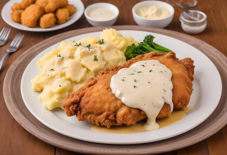 Flavorful Chicken Maryland Fried Chicken with Mashed Potatoes and Rich Cream Sauce,