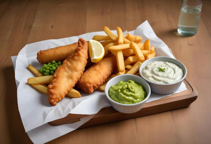 Flavorful Fish and Chips with Tartar Sauce and Mushy Peas