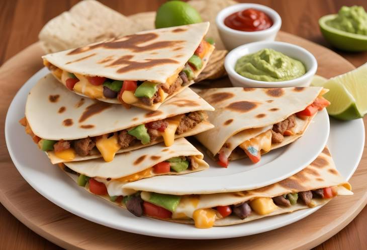 Flavorful Quesadillas Grilled Tortillas with Melted Cheese and Savory Meat, Beans, and Veggies