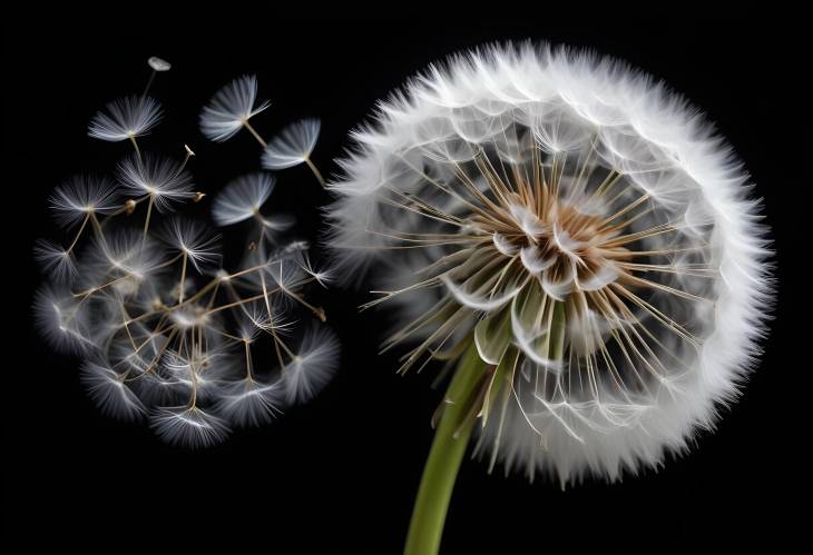 Floating Beauty White Dandelion Seeds on Minimalist Black