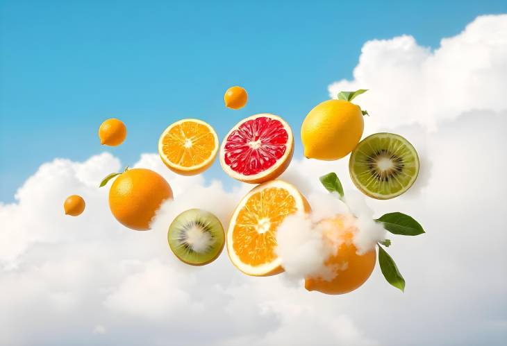 Floating Citrus Fruits Against a Blue Sky