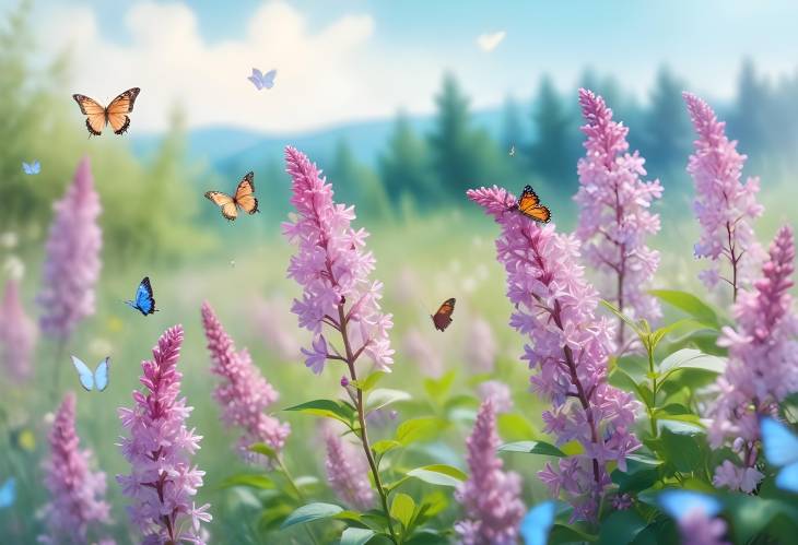 Floral Spring Landscape with Pink Lilac Flowers and Butterflies