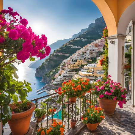 Flower Adorned Balcony with a View of Positano Amalfi Coasts Hidden Gem