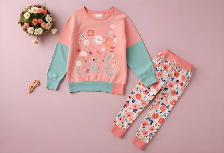 Flower Pattern Knit Sweater and Colorblock Leggings Set for Girls on Colored Background