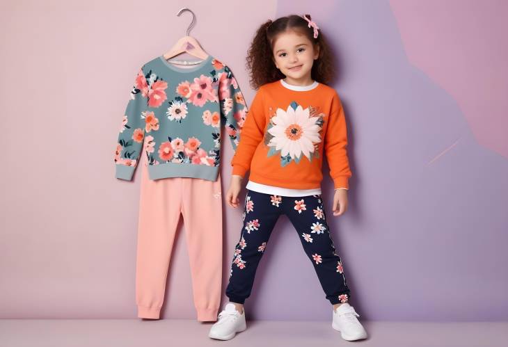 Flower Pattern Knit Sweater and Colorblock Leggings Set for Little Girls on Colored Background