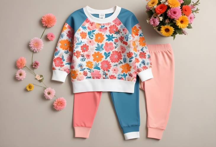 Flower Pattern Printed Knit Sweater and Colorblock Leggings Set for Little Girls on Colored Backgro