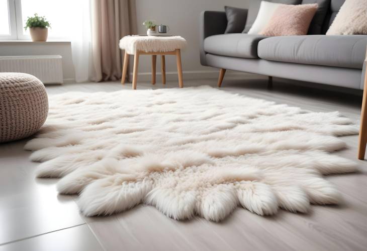 Fluffy Carpet and Stylish Furniture on Floor Indoors, Low Angle View