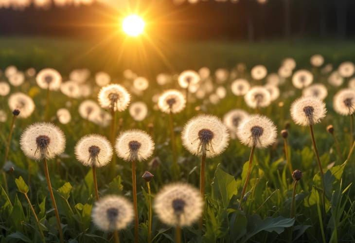 Fluffy Dandelion Blooms at Sunset on Meadow