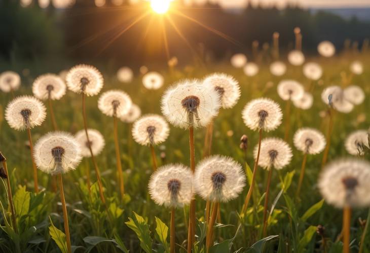 Fluffy Dandelion Flowers in Golden Sunset Light