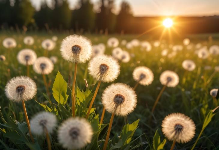 Fluffy Dandelions Glowing in Sunset Rays on Meadow