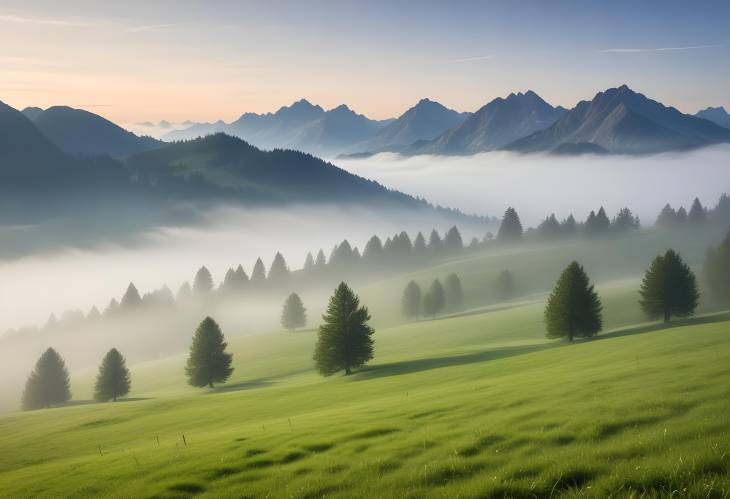 Fog Over Green Meadows Grubigstein Peak and Mountain Landscape in Lermoos, Tyrol