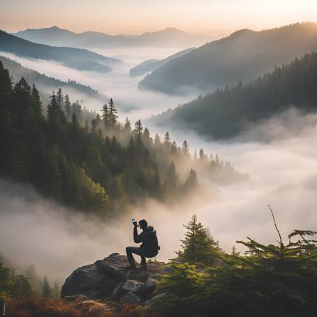 Foggy Landscapes A Man with a Smartphone