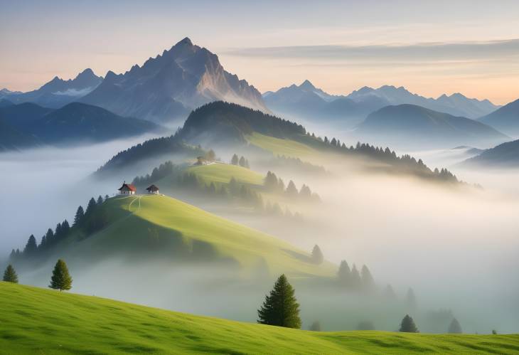 Foggy Mountain Landscape Grubigstein Peak and Green Meadows in Lermoos, Tyrol