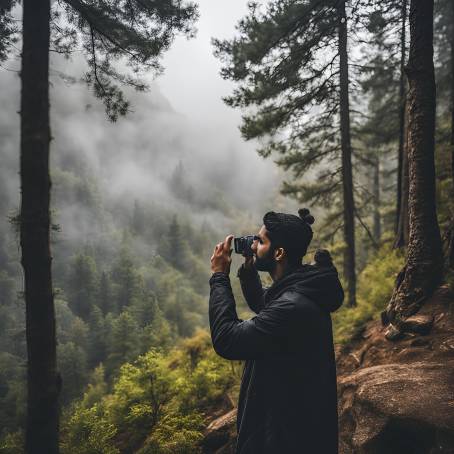 Foggy Trails Man Photographing Scenic Wilderness