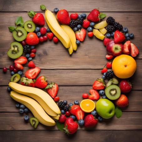 Food Photography Heart Symbol Crafted from Different Fruits on Wooden Table for Healthy Eating